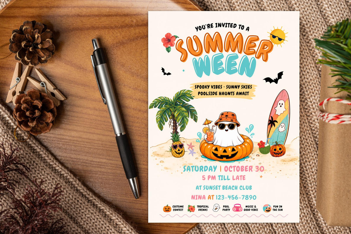 Summerween Party Invitation, Editable Tropical Halloween Pool Invite (Digital Download)