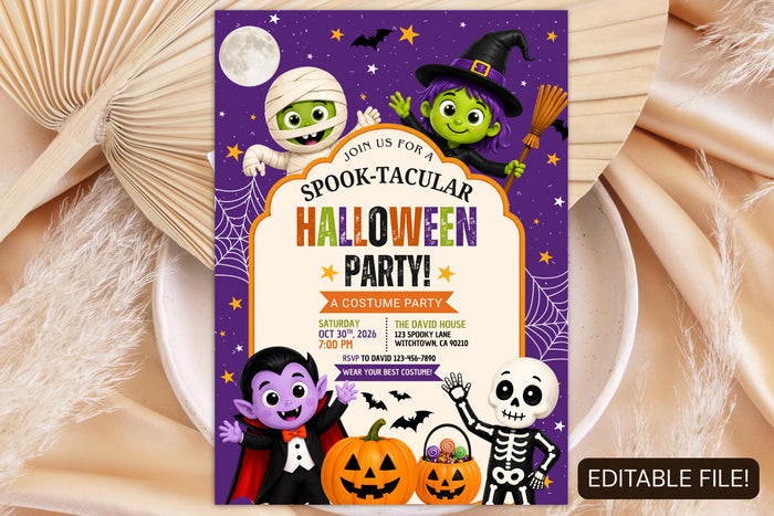 Kids Halloween Party Invitation, Editable Canva Costume Invite (5x7 Instant Download)