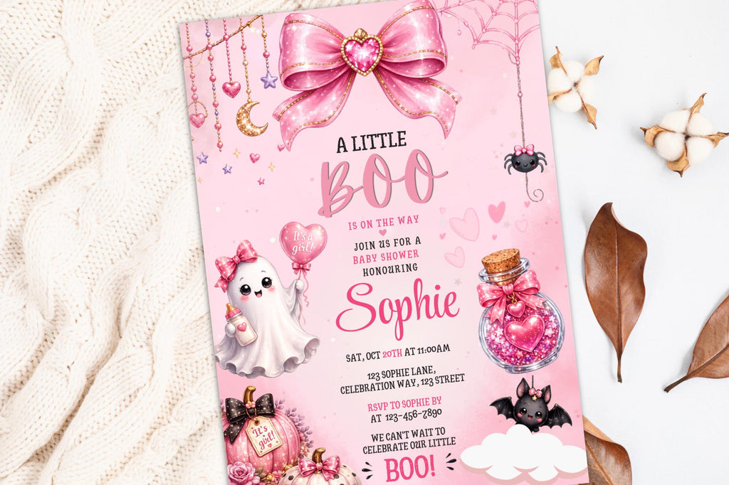 Pink Halloween Baby Shower Invitation, Little Boo Girl Ghost Invite (5x7 Instant Download)