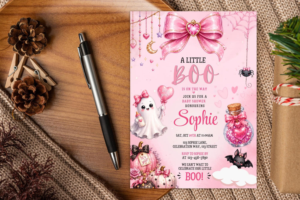 Pink Halloween Baby Shower Invitation, Little Boo Girl Ghost Invite (5x7 Instant Download)