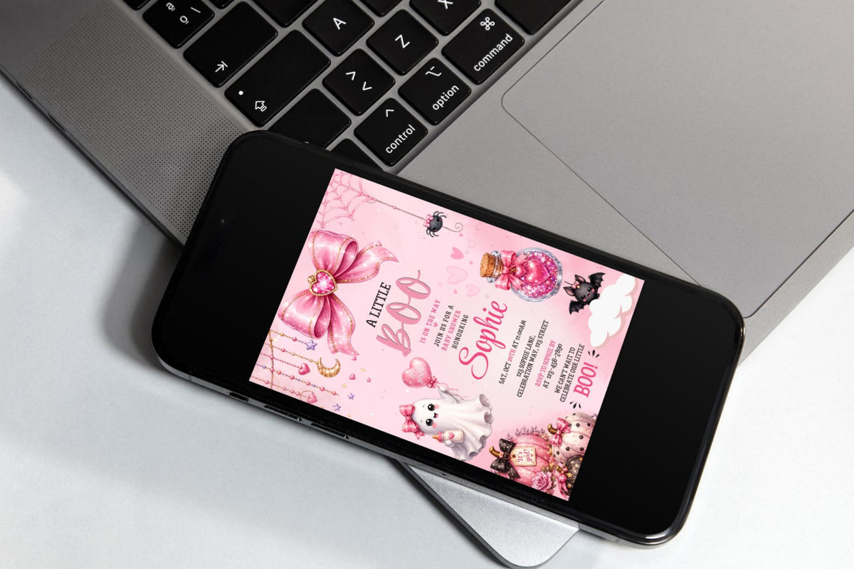 Pink Halloween Baby Shower Invitation, Little Boo Girl Ghost Invite (5x7 Instant Download)