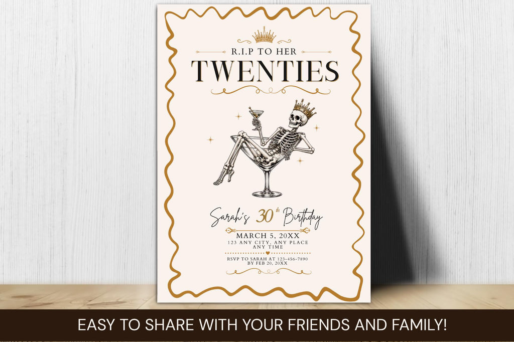 RIP Twenties 30th Birthday Invitation, Skeleton Cocktail Party Template (5x7 Download)