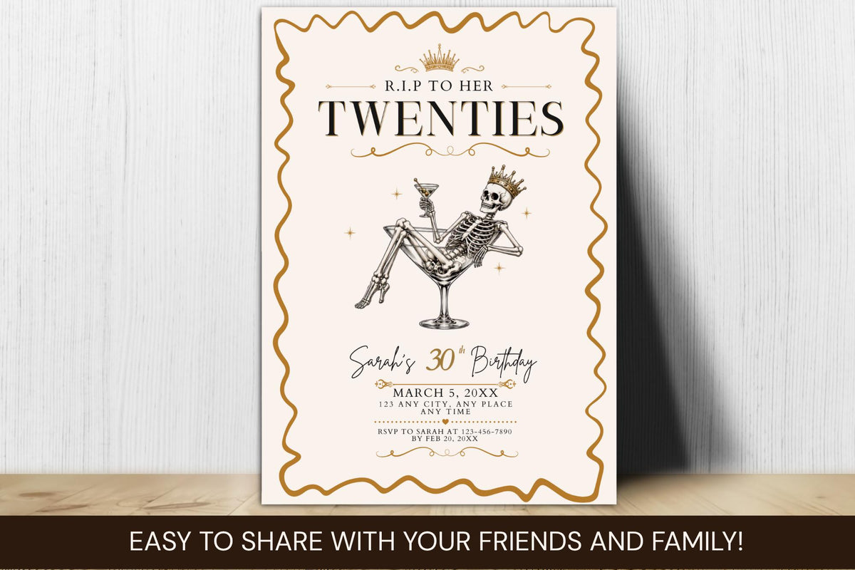 RIP Twenties 30th Birthday Invitation, Skeleton Cocktail Party Template (5x7 Download)