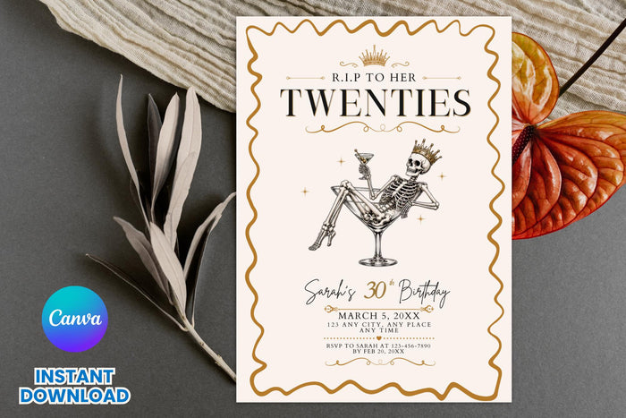 RIP Twenties 30th Birthday Invitation, Skeleton Cocktail Party Template (5x7 Download)