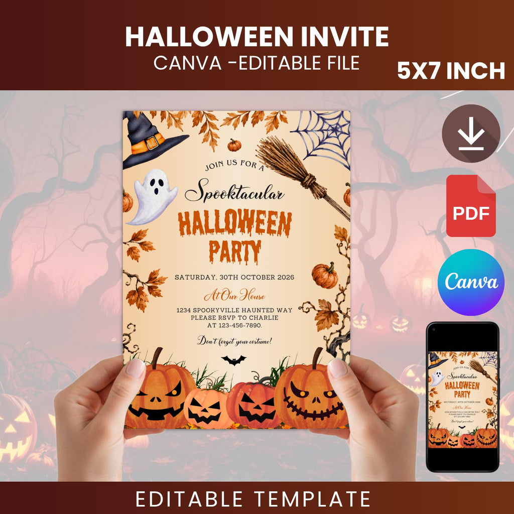 Editable Halloween Party Invitation, Spooktacular Pumpkin Costume Invite (5x7 Download)