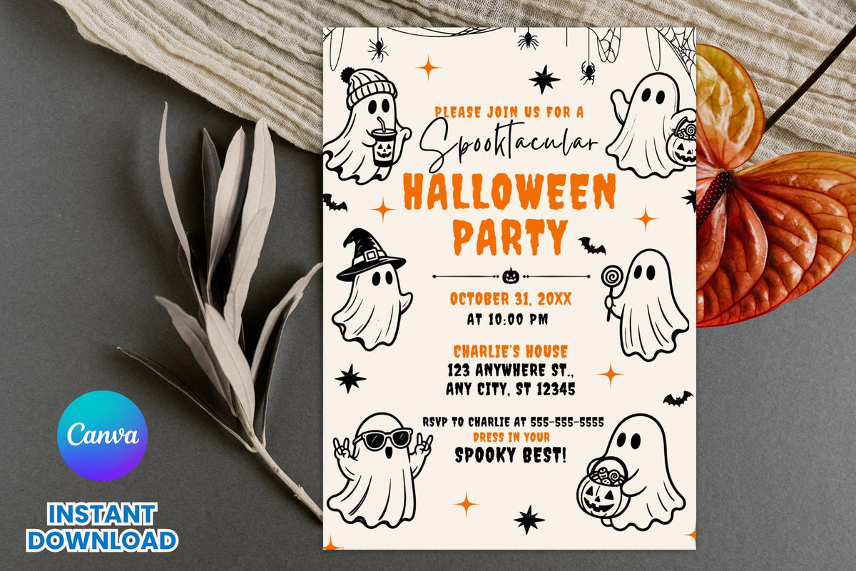 Retro Ghost Halloween Party Invitation, Editable Canva Template (5x7 Inch)