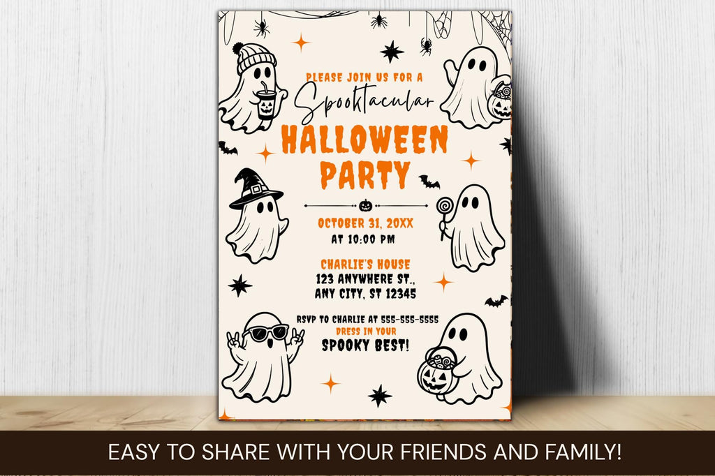 Retro Ghost Halloween Party Invitation, Editable Canva Template (5x7 Inch)