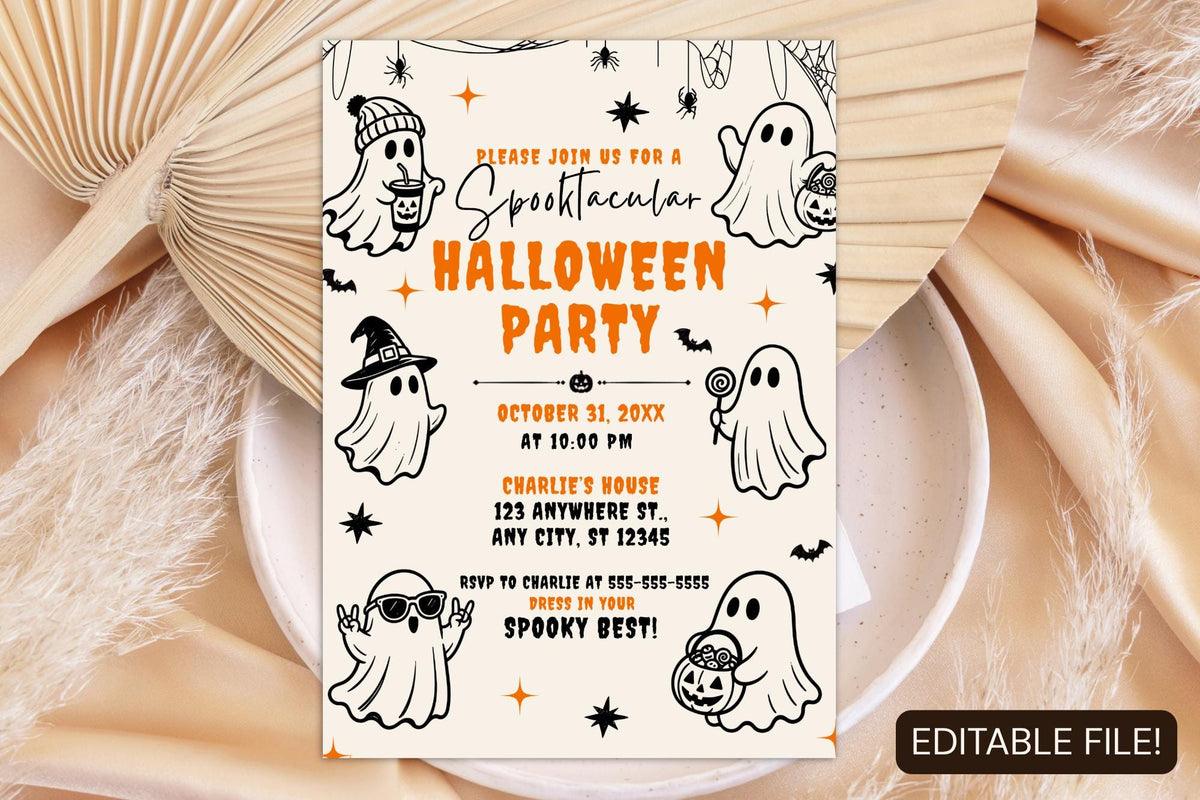 Retro Ghost Halloween Party Invitation, Editable Canva Template (5x7 Inch)