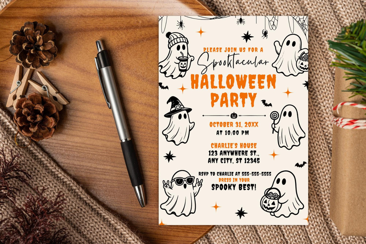 Retro Ghost Halloween Party Invitation, Editable Canva Template (5x7 Inch)