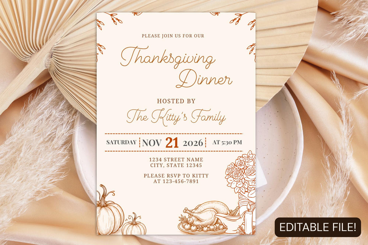Editable Thanksgiving Dinner Invitation Template, Fall Family Gathering Invite (Digital Download)