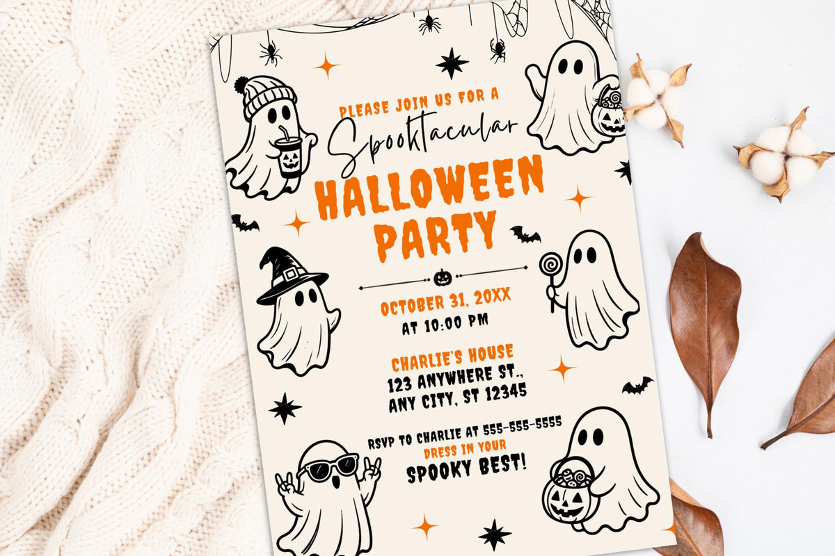 Editable Halloween Party Invitation Template, Spooky Ghost Canva Invite (Digital Download)