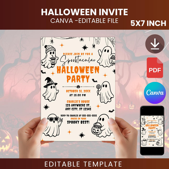Editable Halloween Party Invitation Template, Spooky Ghost Canva Invite (Digital Download)
