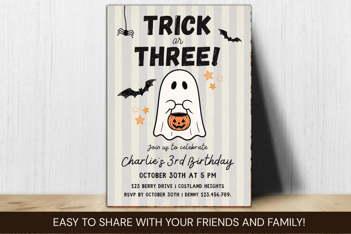 Trick or Three Halloween Birthday Invitation, Ghost Party Invite (Digital Download)