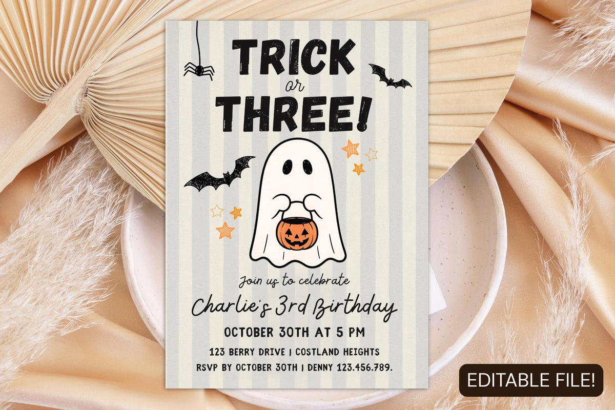 Trick or Three Halloween Birthday Invitation, Ghost Party Invite (Digital Download)