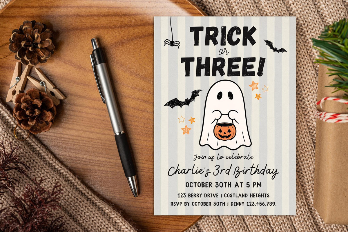 Trick or Three Halloween Birthday Invitation, Ghost Party Invite (Digital Download)