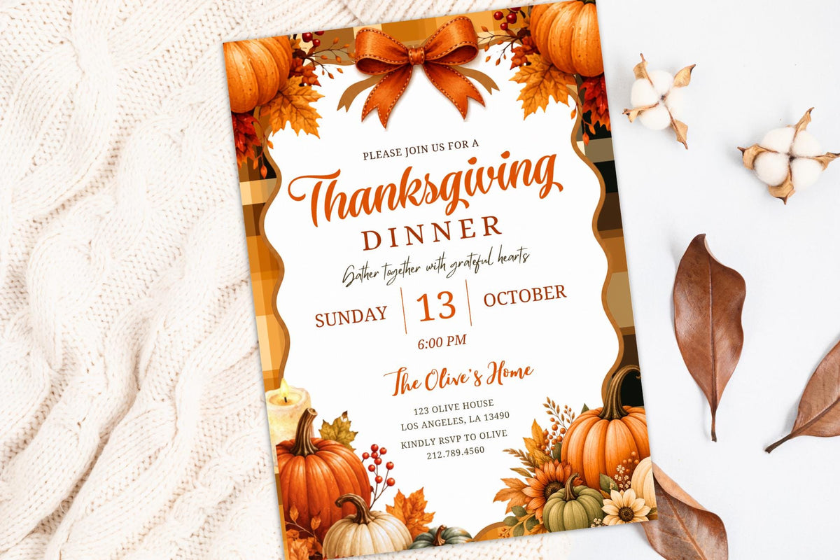 Thanksgiving Dinner Invitation, Editable Canva Template, Fall Pumpkin Invite, 5x7 Thanksgiving Party Digital Download