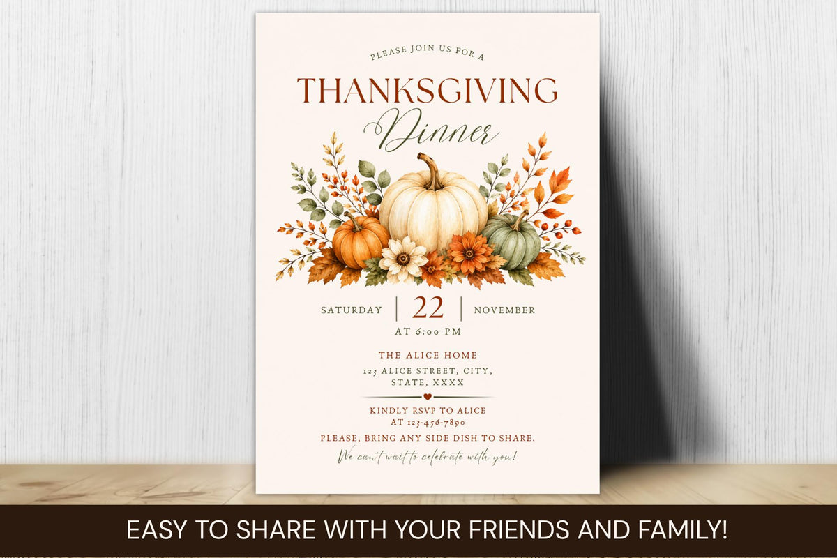 Thanksgiving Dinner Invitation, Watercolor Pumpkin Fall Party, Friendsgiving Potluck (Digital Download)