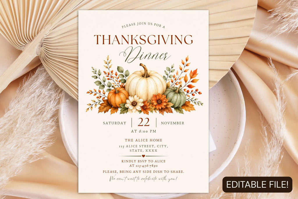 Thanksgiving Dinner Invitation, Watercolor Pumpkin Fall Party, Friendsgiving Potluck (Digital Download)