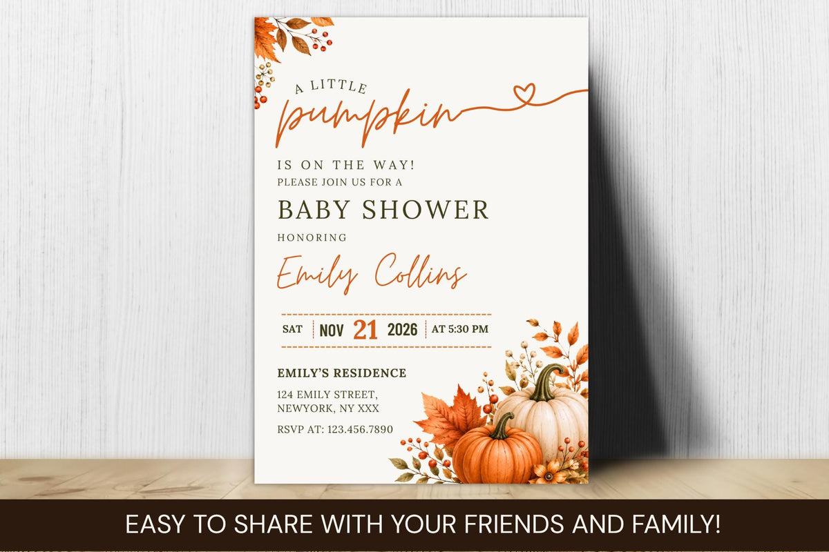 Little Pumpkin Baby Shower Invitation | Fall Autumn Theme (Digital Download)