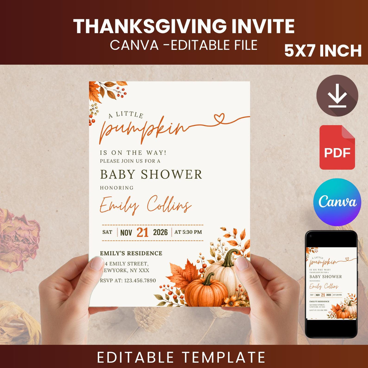Little Pumpkin Baby Shower Invitation | Fall Autumn Theme (Digital Download)