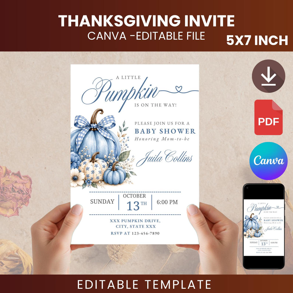 Blue Pumpkin Baby Shower Invitation, Fall Baby Boy Template (Digital Download)
