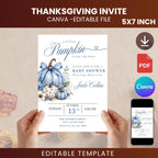 Blue Pumpkin Baby Shower Invitation, Fall Baby Boy Template (Digital Download)