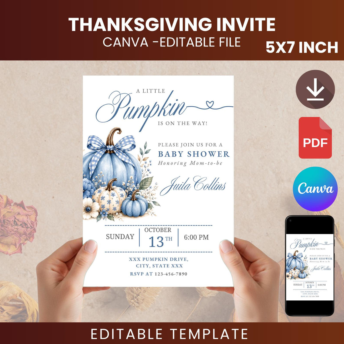 Blue Pumpkin Baby Shower Invitation, Fall Baby Boy Template (Digital Download)