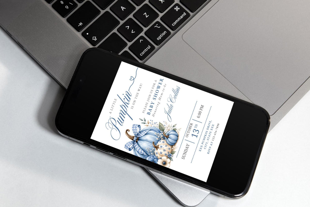 Blue Pumpkin Baby Shower Invitation, Fall Baby Boy Template (Digital Download)