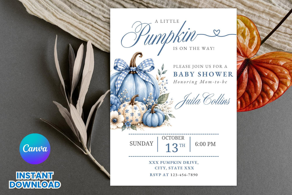 Blue Pumpkin Baby Shower Invitation, Fall Baby Boy Template (Digital Download)