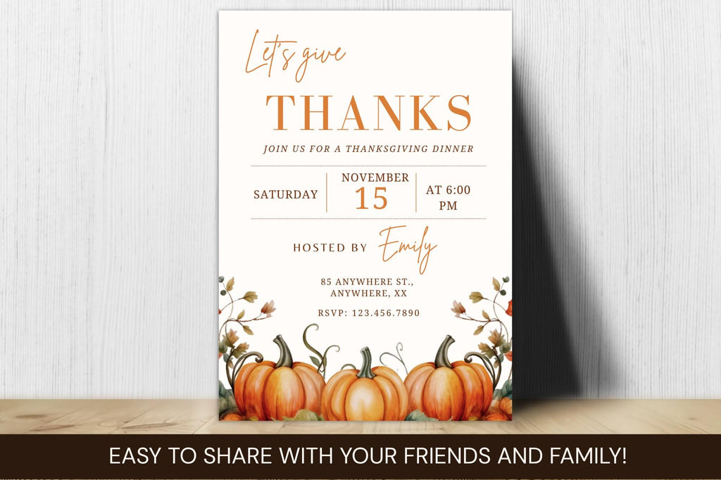Editable Thanksgiving Dinner Invitation Template, Watercolor Pumpkins, Fall Party (Digital Download)