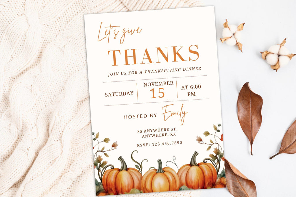 Editable Thanksgiving Dinner Invitation Template, Watercolor Pumpkins, Fall Party (Digital Download)