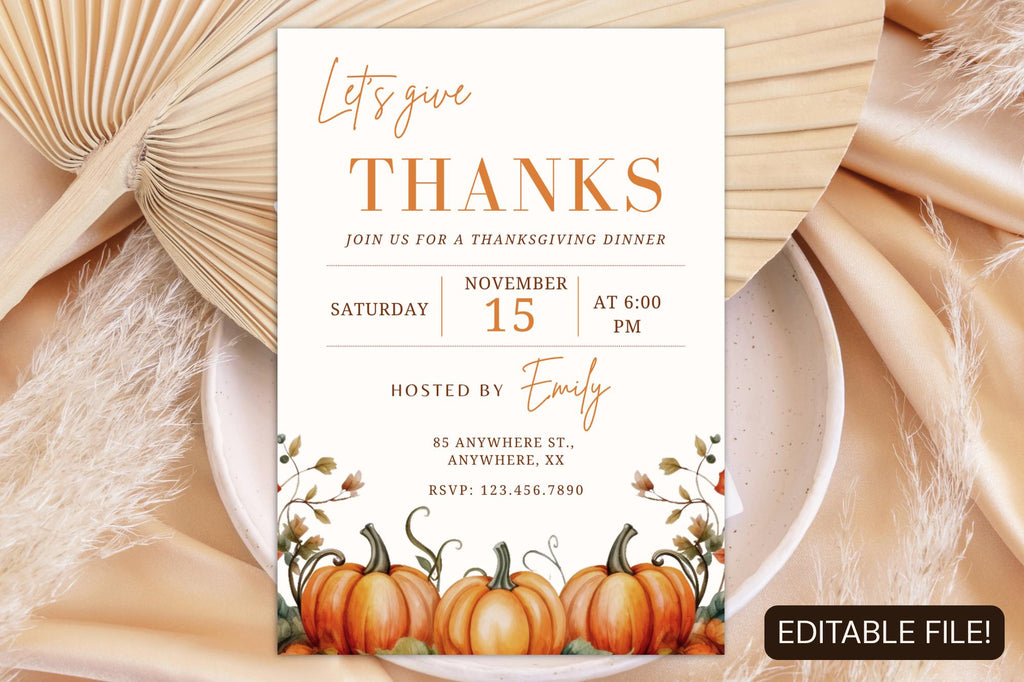 Editable Thanksgiving Dinner Invitation Template, Watercolor Pumpkins, Fall Party (Digital Download)