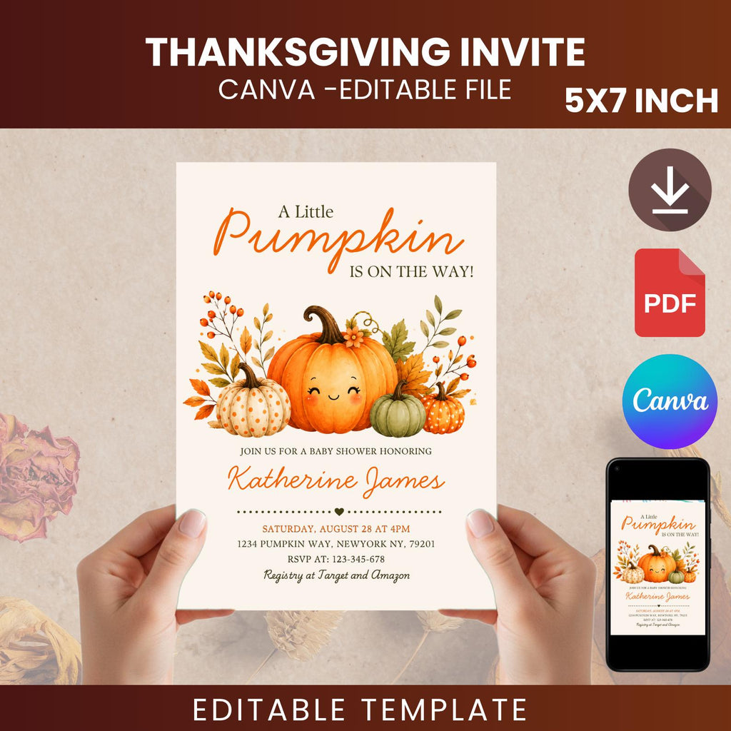 Little Pumpkin Baby Shower Invitation Template, Watercolor Fall Theme (Canva Editable)