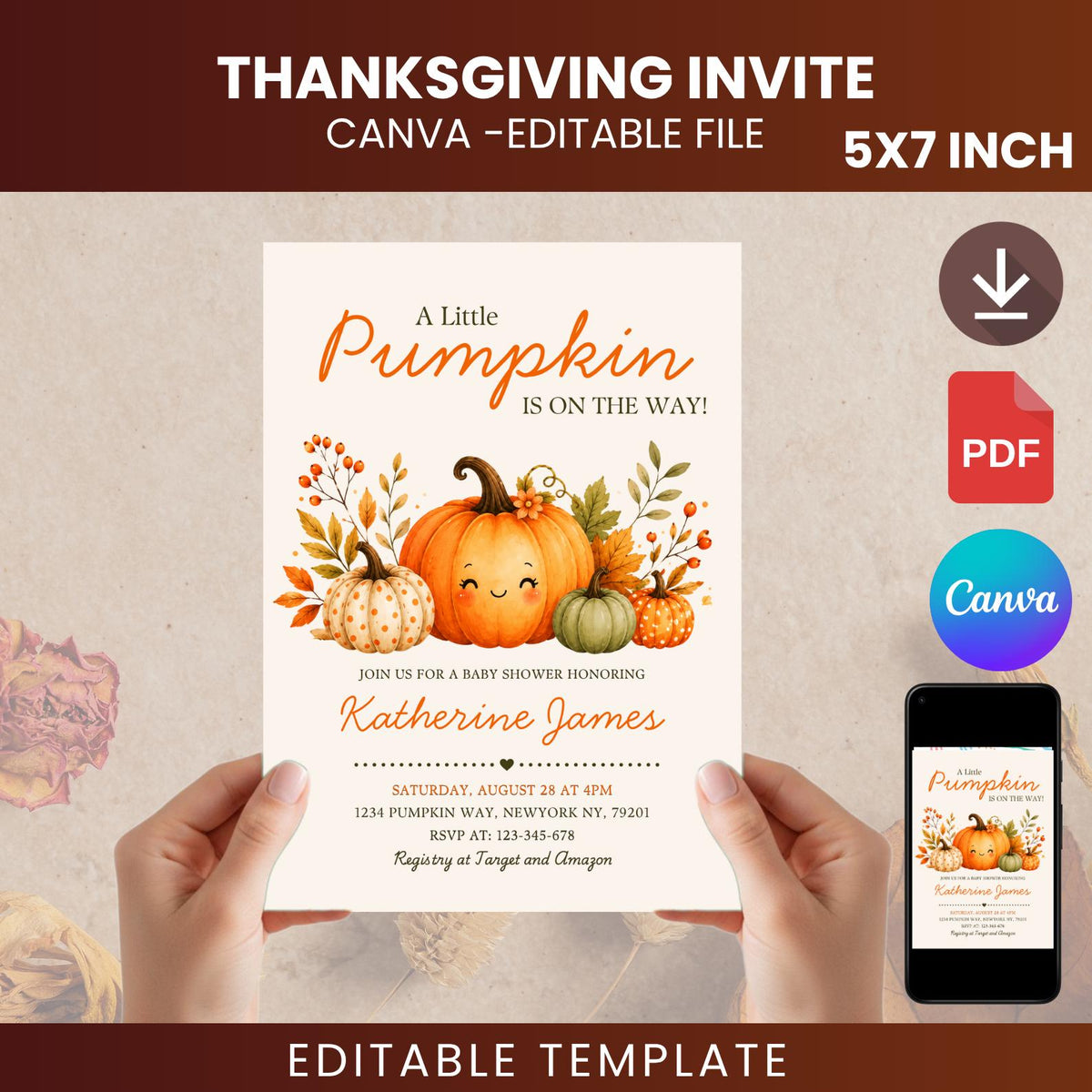 Little Pumpkin Baby Shower Invitation Template, Watercolor Fall Theme (Canva Editable)