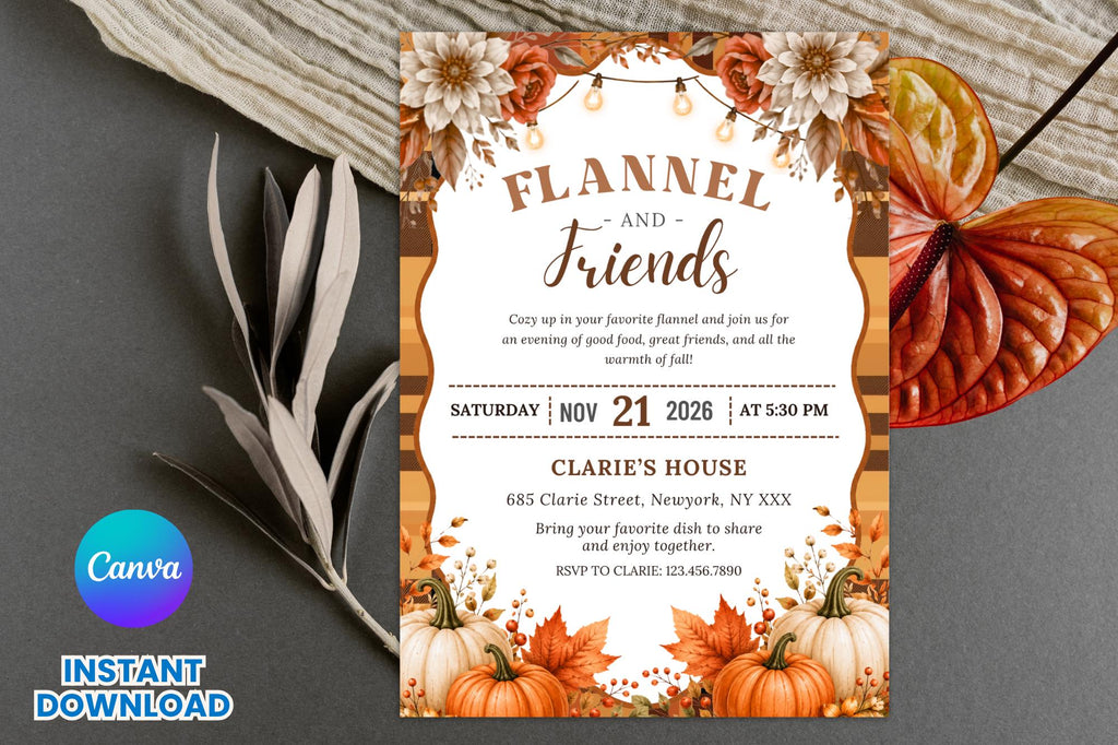 Flannel and Friends Fall Invitation Template, Autumn Potluck, Thanksgiving (Digital Download)