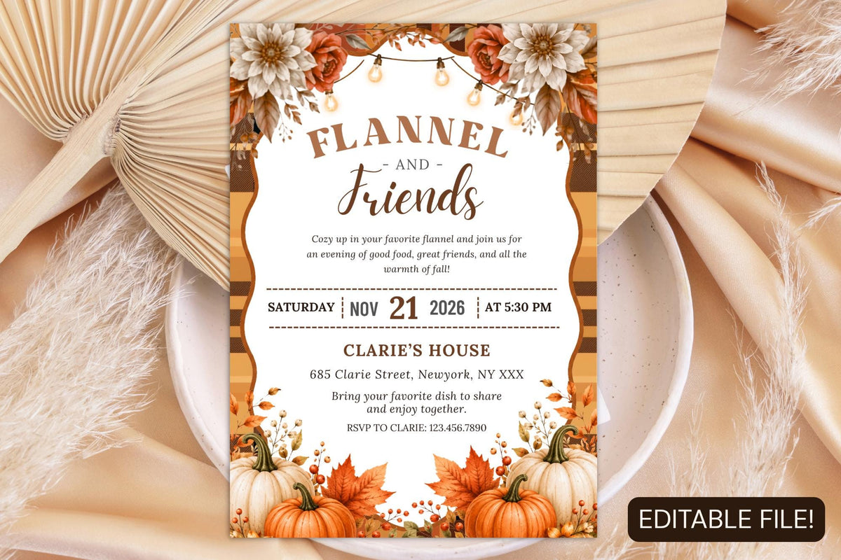 Flannel and Friends Fall Invitation Template, Autumn Potluck, Thanksgiving (Digital Download)