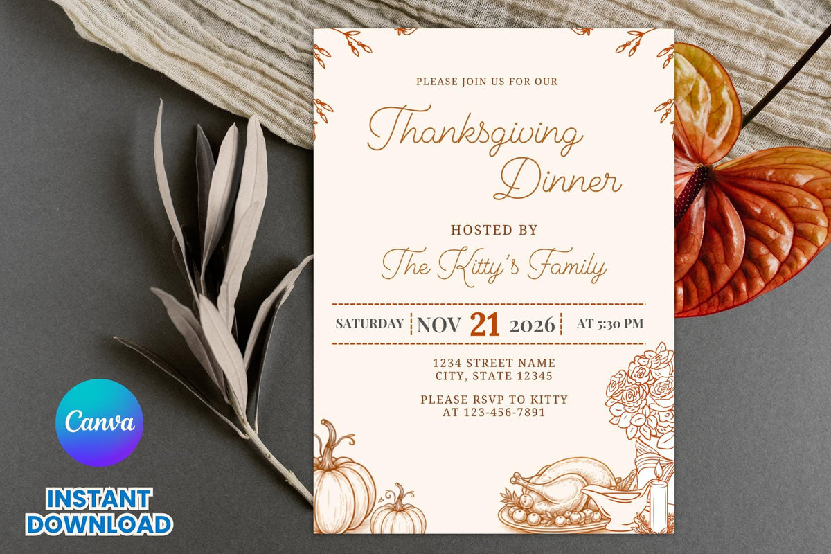Editable Thanksgiving Dinner Invitation Template, Fall Family Gathering Invite (Digital Download)