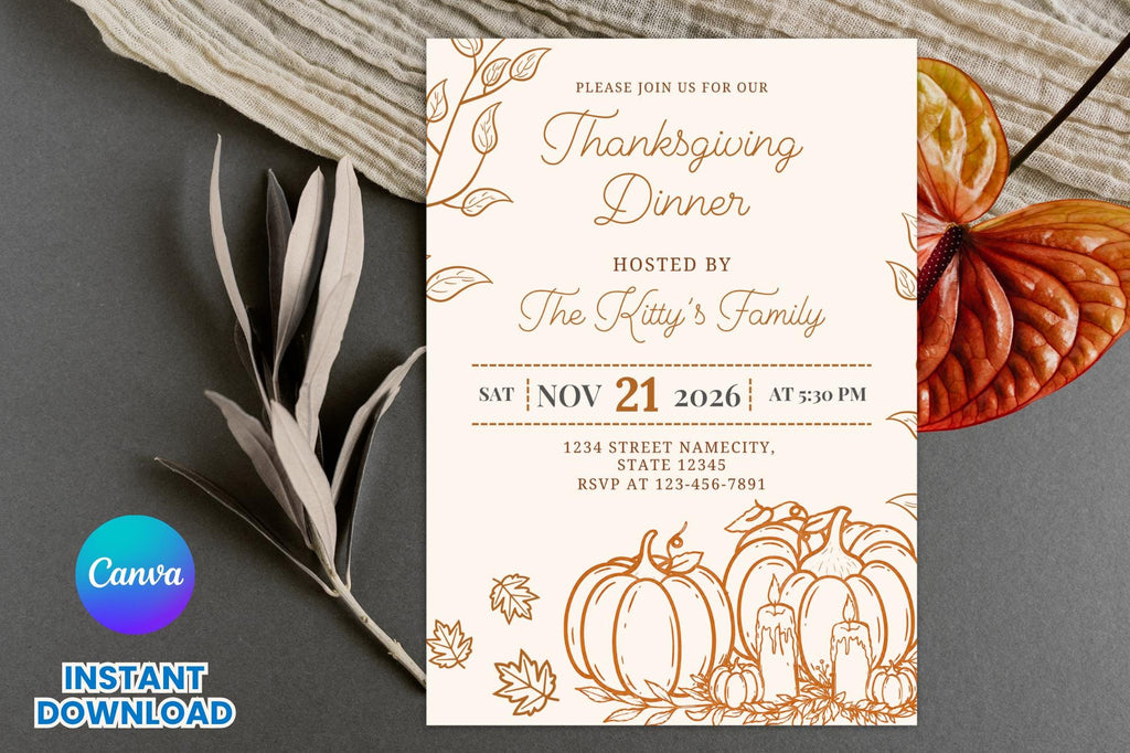 Editable Thanksgiving Dinner Invitation Template, Pumpkin Fall Party Invite (Digital Download)