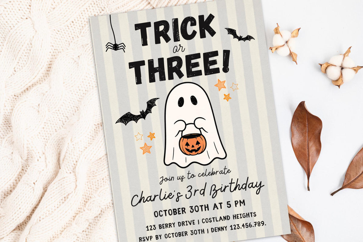 Trick or Three Halloween Birthday Invitation, Ghost Party Invite (Digital Download)