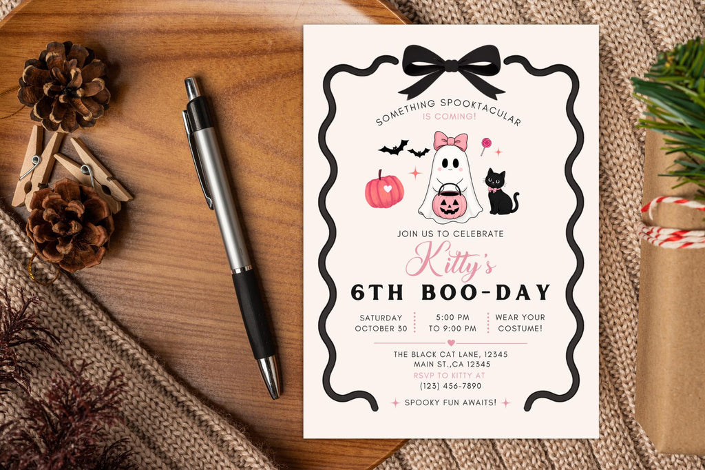 6th Birthday Invitation, Pink Ghost Halloween Party, Canva Template (Digital Download)