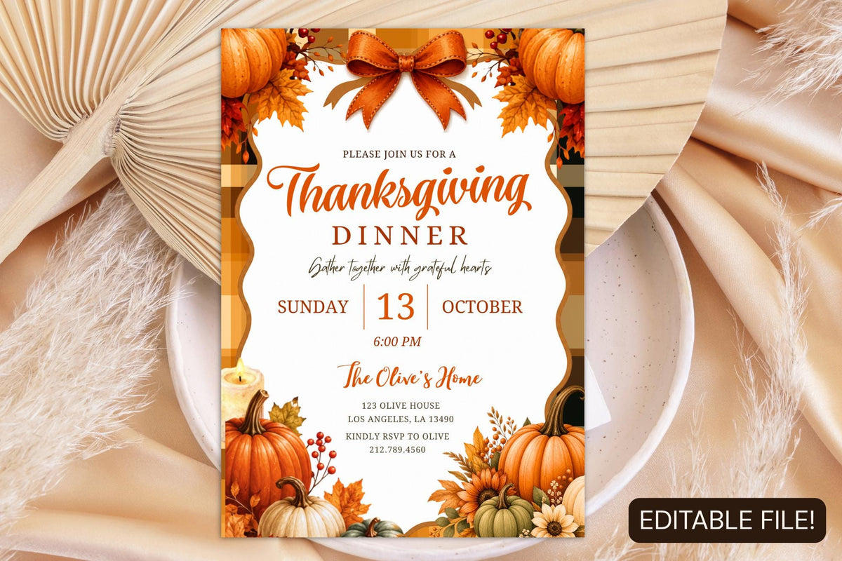 Thanksgiving Dinner Invitation, Editable Canva Template, Fall Pumpkin Invite, 5x7 Thanksgiving Party Digital Download