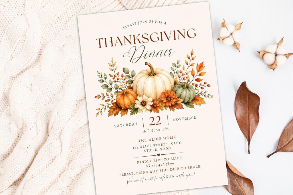 Thanksgiving Dinner Invitation, Watercolor Pumpkin Fall Party, Friendsgiving Potluck (Digital Download)