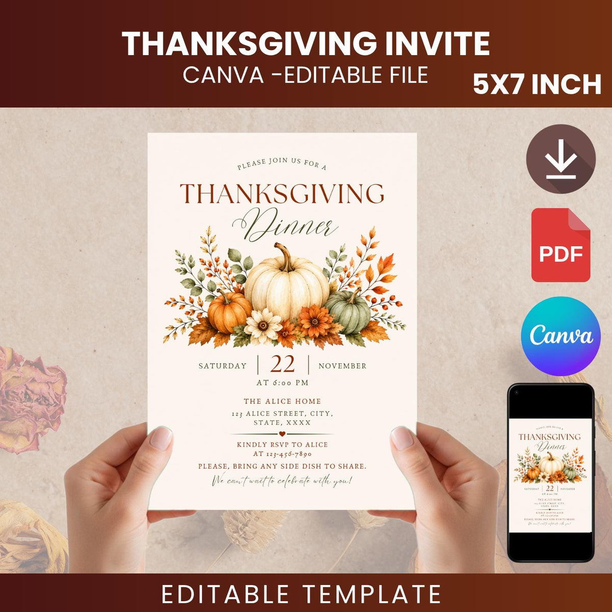 Thanksgiving Dinner Invitation, Watercolor Pumpkin Fall Party, Friendsgiving Potluck (Digital Download)