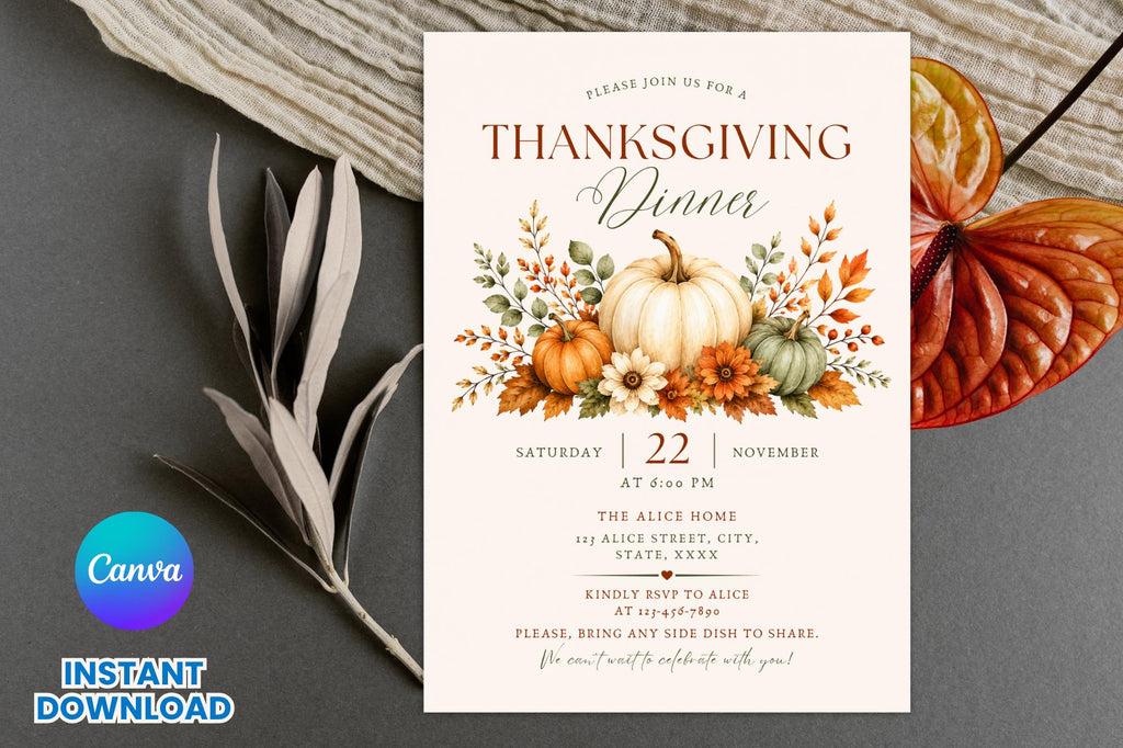 Thanksgiving Dinner Invitation, Watercolor Pumpkin Fall Party, Friendsgiving Potluck (Digital Download)