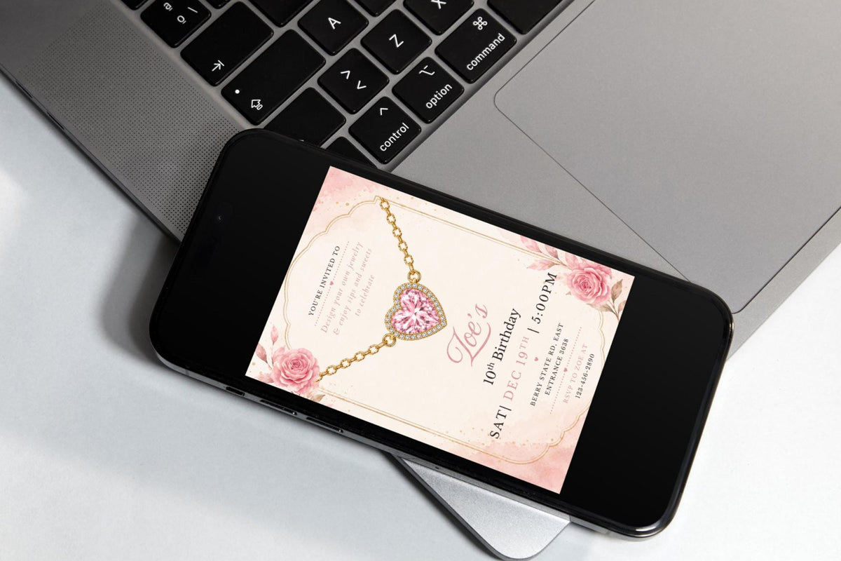 Editable Jewelry Making Birthday Invitation, Pink Heart Necklace Party Invite (Digital Download)