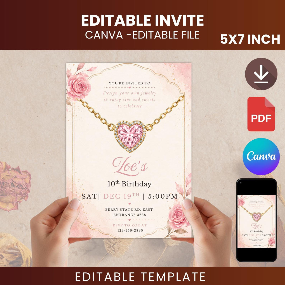 Editable Jewelry Making Birthday Invitation, Pink Heart Necklace Party Invite (Digital Download)