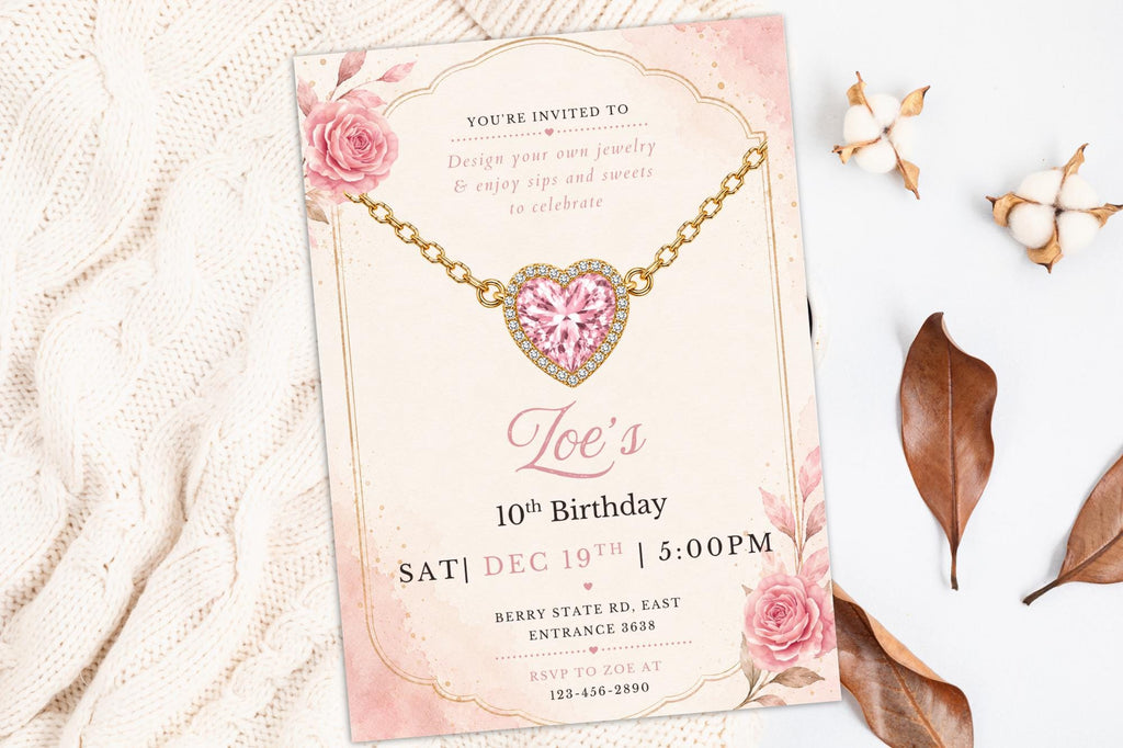 Editable Jewelry Making Birthday Invitation, Pink Heart Necklace Party Invite (Digital Download)