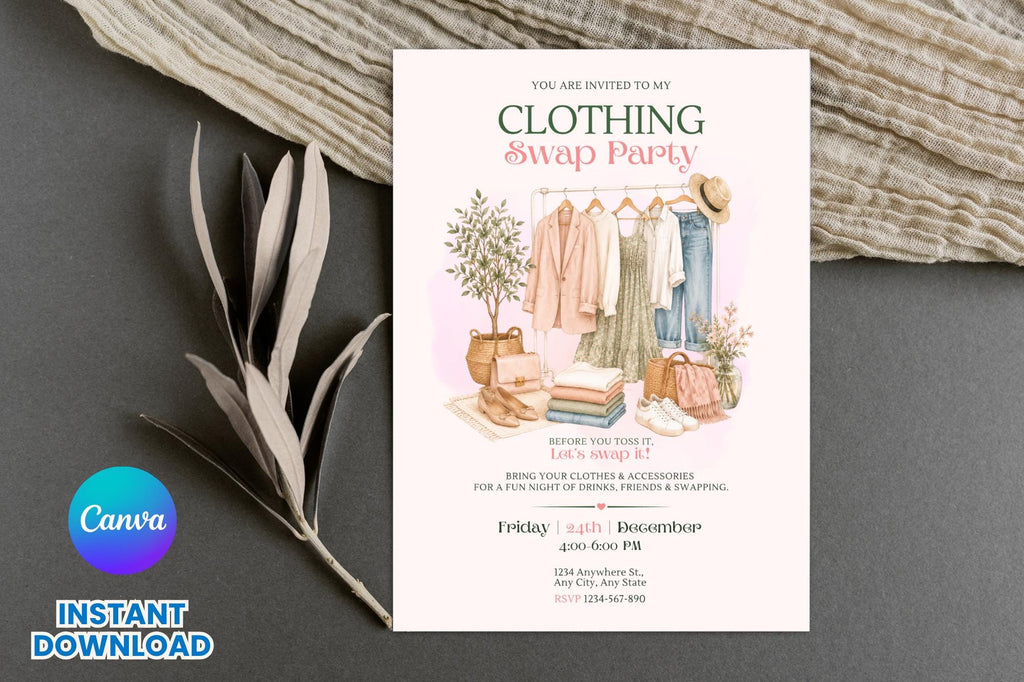 Editable Canva Clothing Swap Party Invitation, Fashion Exchange Invite (Digital Download)
