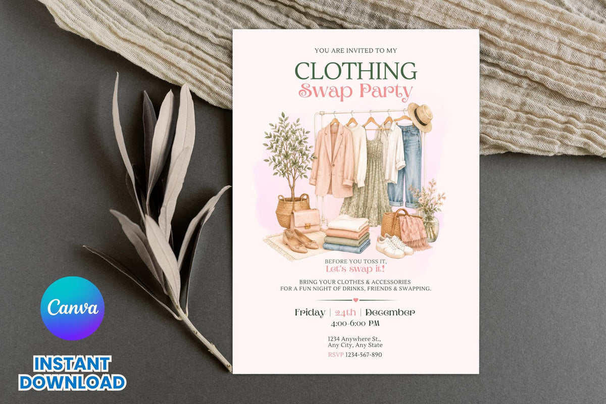 Editable Canva Clothing Swap Party Invitation, Fashion Exchange Invite (Digital Download)