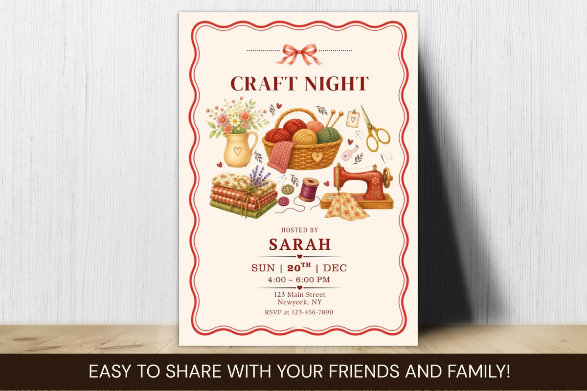 Editable Canva Craft Night Invitation, Vintage Sewing, Knitting, Crochet Party Invite (Digital Download)